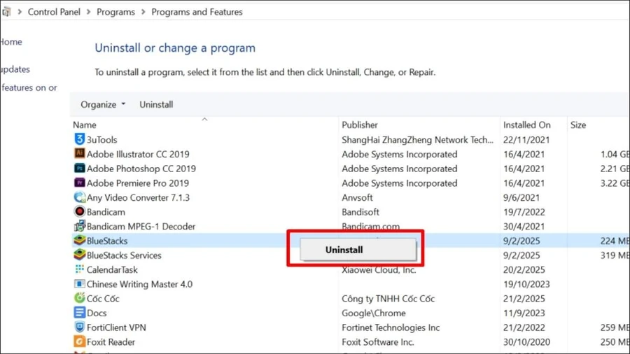 Nhấp vào phần mềm đó và chọn Uninstall
