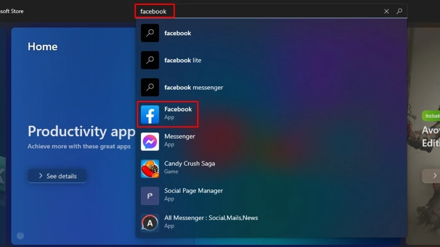 Trong Microsoft Store, gõ Facebook