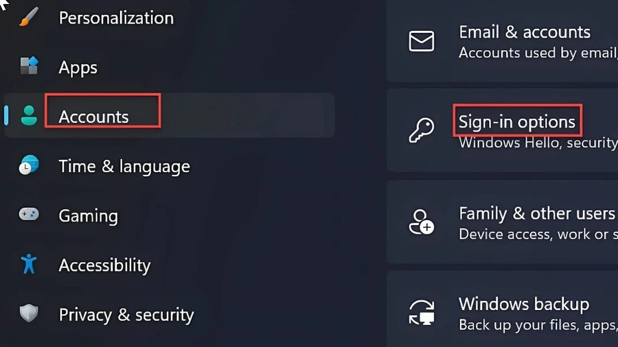 Tìm và chọn mục Accounts > Chọn Sign-in options