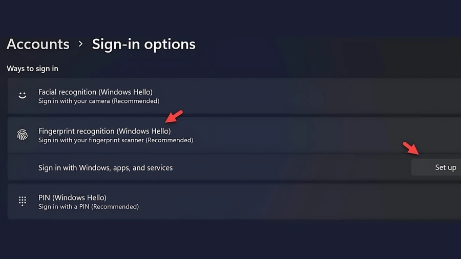 Trong mục Windows Hello Fingerprint, chọn Set up