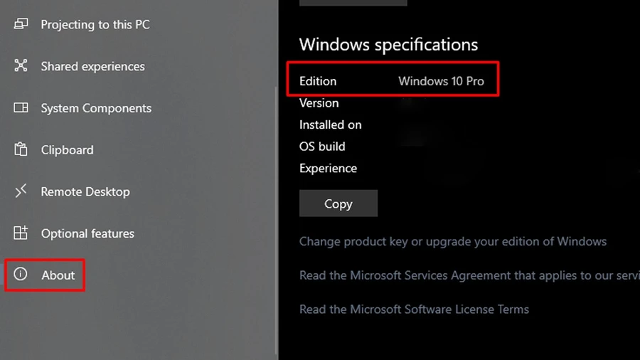 Chọn About để biết thông tin về phiên bản Windows, số build,..