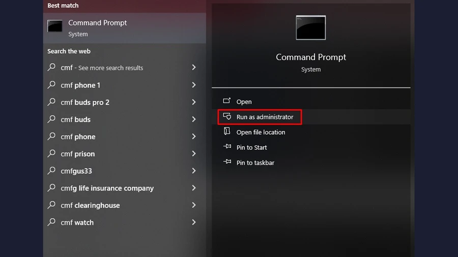 Mở Command Prompt và chọn Run as administrator