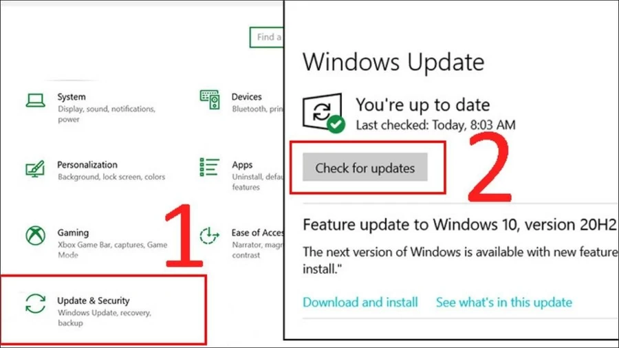 Chọn Update & Security và nhấn Check for updates