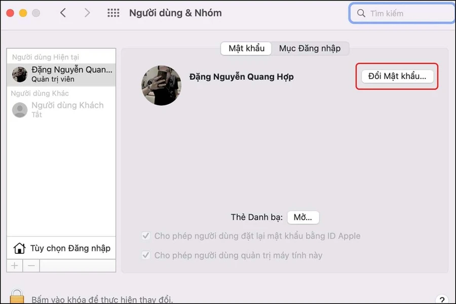Chọn Change Password