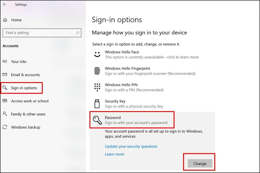 Chọn Sign-in options, sau đó click vào mục Pasword và chọn Change