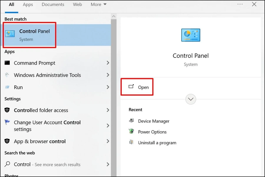 Mở Control Panel