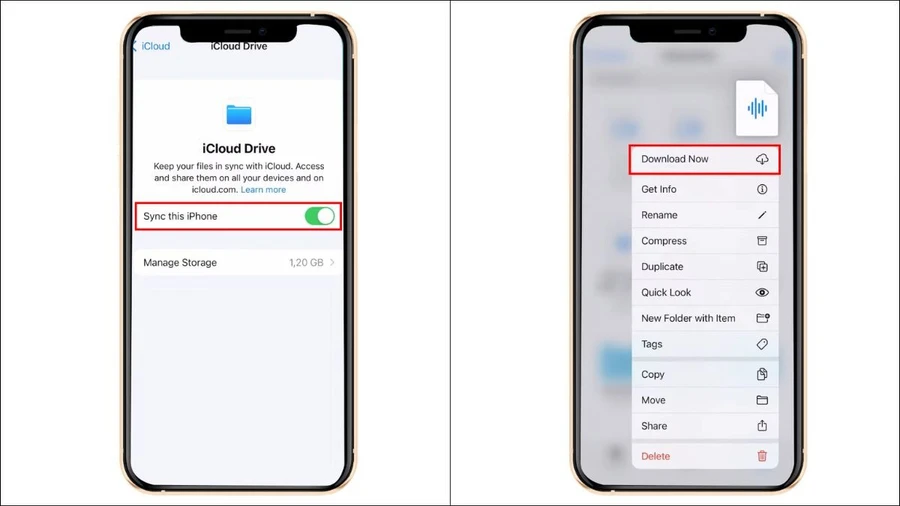 Đăng nhập iCloud của bạn trên iPhone và bật tính năng Đồng bộ hóa thư viện, sau đó vào ứng dụng Tệp trên iPhone, nhấn giữ file nhạc đã đồng bộ, bấm Download.