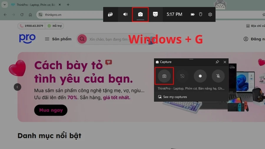 Nhấn tổ hợp phím Windows + G để mở Game Bar > Chọn biểu tượng Chụp màn hình