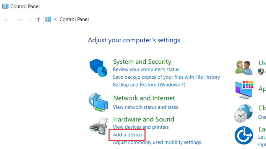 Nếu Windows không tự động cài đặt, hãy mở Control Panel và chọn Add a device.