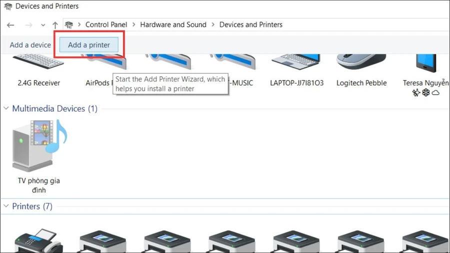 Chọn Add a printer và làm theo hướng dẫn trên màn hình. Windows có thể yêu cầu bạn cung cấp driver usb.