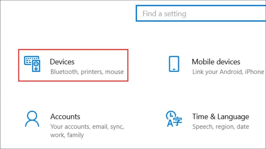 Mở Settings bằng tổ hợp phím Windows + I, sau đó chọn Device.