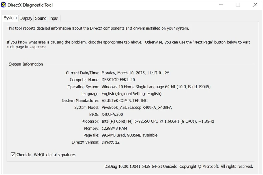 Nhấn tổ hợp phím Windows + R để mở hộp thoại Run, gõ dxdiag và nhấn Enter