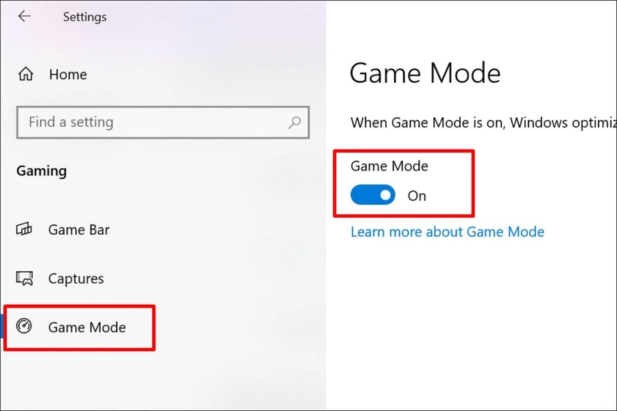 Trong tab Game Mode (Chế độ trò chơi), bật công tắc Game Mode