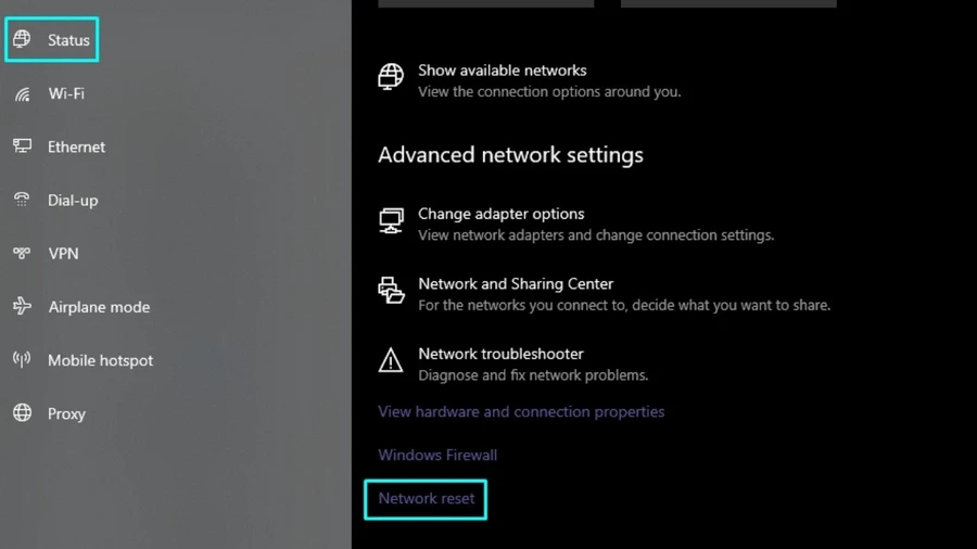 Chọn Status và nhấp vào Network reset