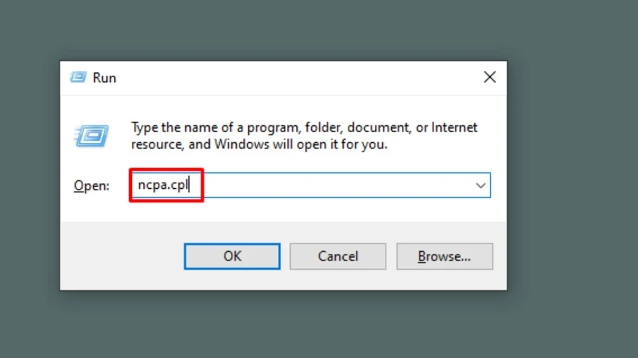 Nhấn phím Windows + R, gõ ncpa.cpl và nhấn Enter