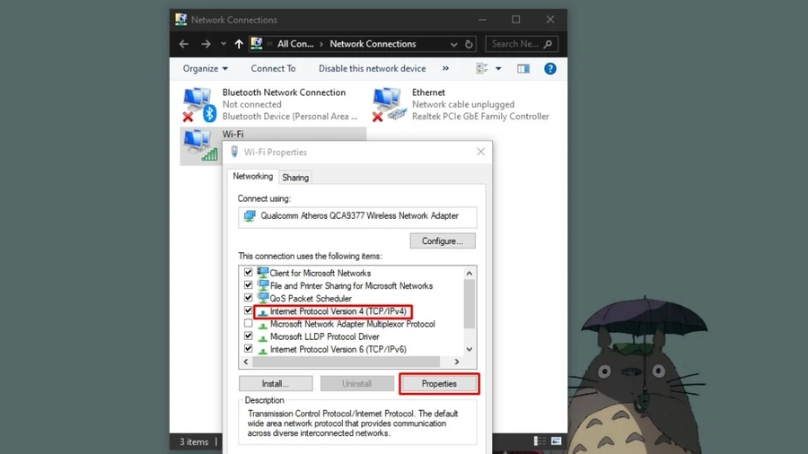 Chọn Internet Protocol Version 4 (TCP/IPv4) và click Properties