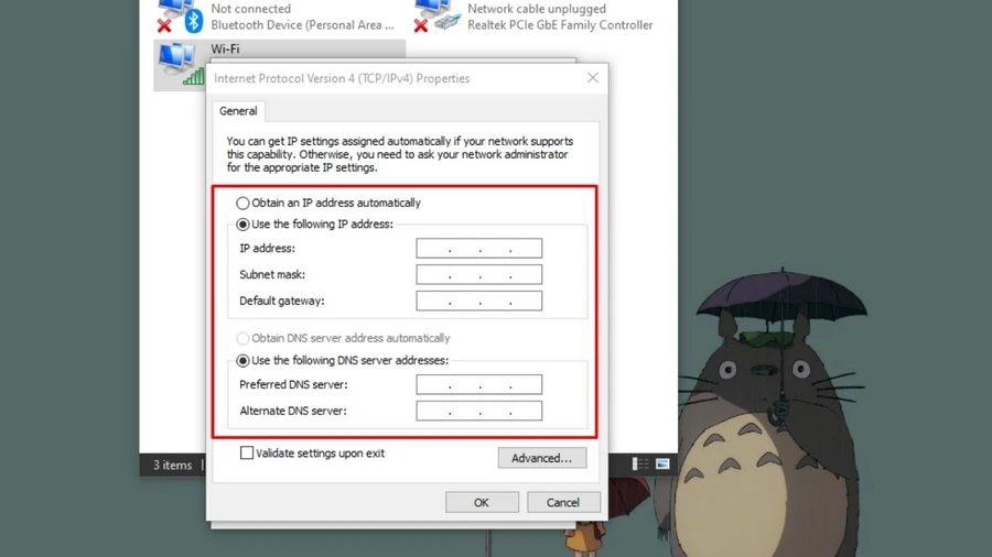 Chọn Use the following IP address
