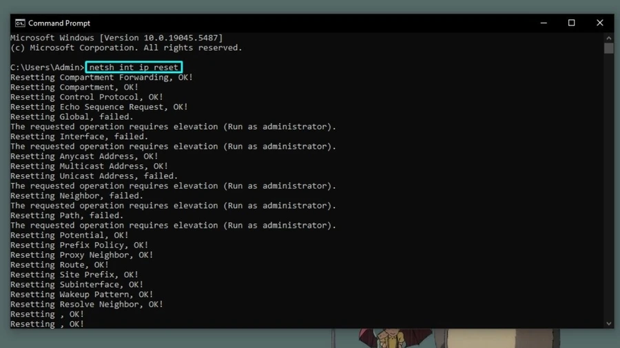 Gõ lệnh netsh int ip reset và nhấn Enter