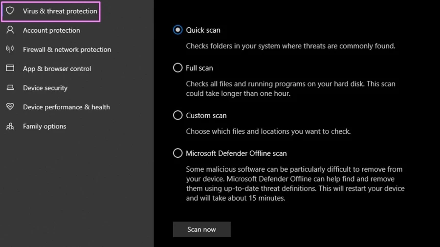 Chọn Quick scan để quét nhanh hoặc Scan options để lựa chọn các kiểu quét khác