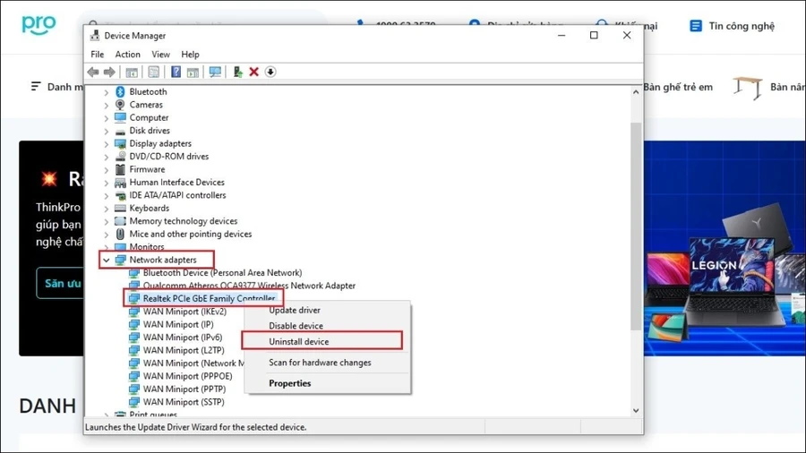 Click chuột phải vào driver WiFi và chọn Update driver/Uninstall device