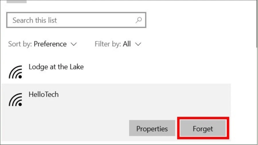 Click vào nút Forget (Quên) hoặc Disconnect (Ngắt kết nối)