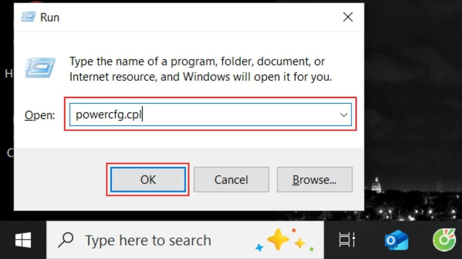 Nhấn tổ hợp phím Windows + R để mở hộp thoại Run. Sau đó, nhập powercfg.cpl và nhấn Enter hoặc click OK.