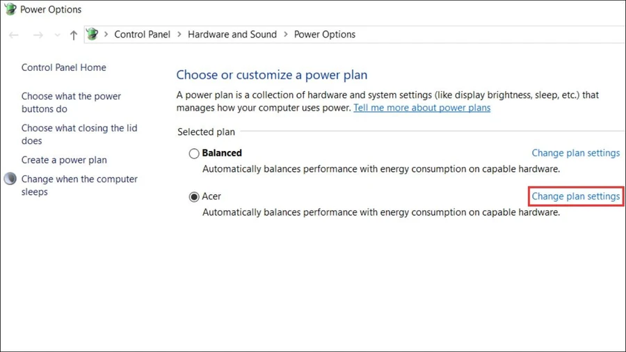 Trong cửa sổ Power Options, tìm đến gói năng lượng (Power Plan) mà bạn đang sử dụng (thường được đánh dấu bằng dấu chấm tròn). Nhấp vào liên kết Change plan settings.