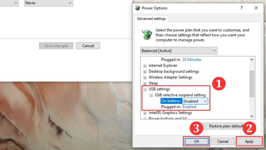 Trong cửa sổ Advanced settings, tìm đến mục USB settings và nhấp vào dấu +, đến khi thấy mục USB selective suspend setting thì bạn đổi từ Enabled (Bật) thành Disabled (Tắt) ở 2 tùy chọn là On battery (Khi dùng pin) và Plugged in (Khi cắm sạc).