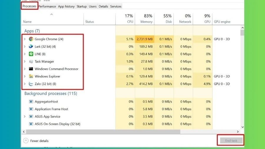 Kiểm tra và tắt các ứng dụng chạy ngầm để giảm tải cho CPU