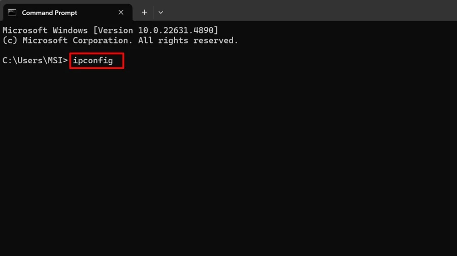 Gõ lệnh “ipconfig” để kiểm tra địa chỉ IP hiện tại 