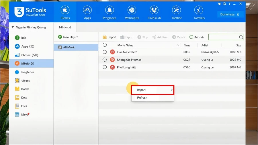 Chọn nút Nhập (Import), sau đó chọn các file nhạc bạn muốn chép từ máy tính.
