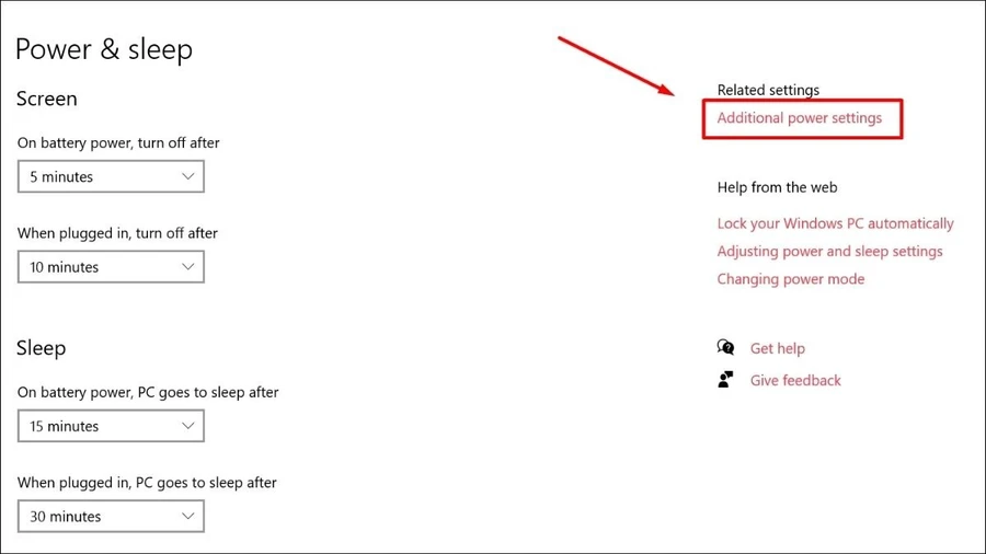 Chọn System > Power & sleep > Additional power settings