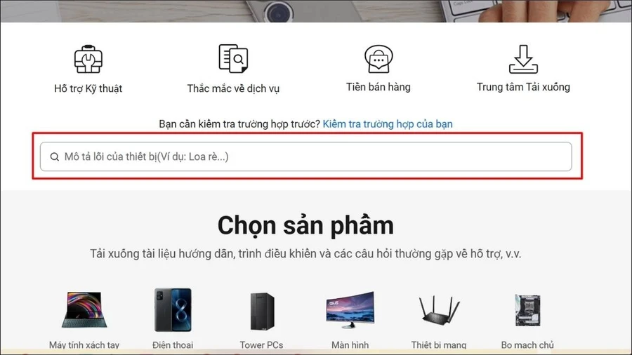 Nhập model laptop Asus của bạn vào ô tìm kiếm