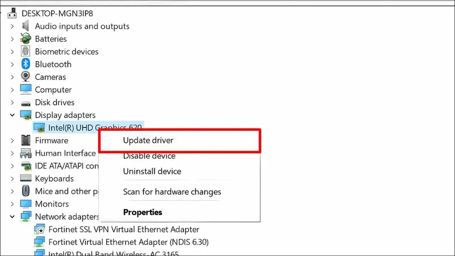 Click chuột phải vào card đồ họa của bạn và chọn Update driver