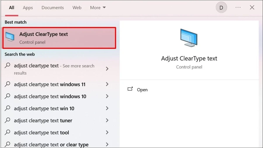 Chọn Adjust ClearType text