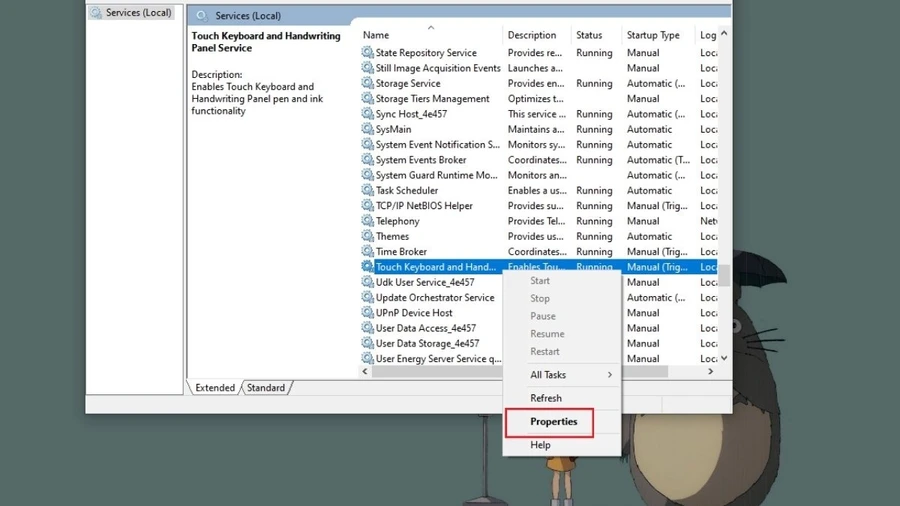 Chọn Touch Keyboard and Handwriting Panel Service > Properties