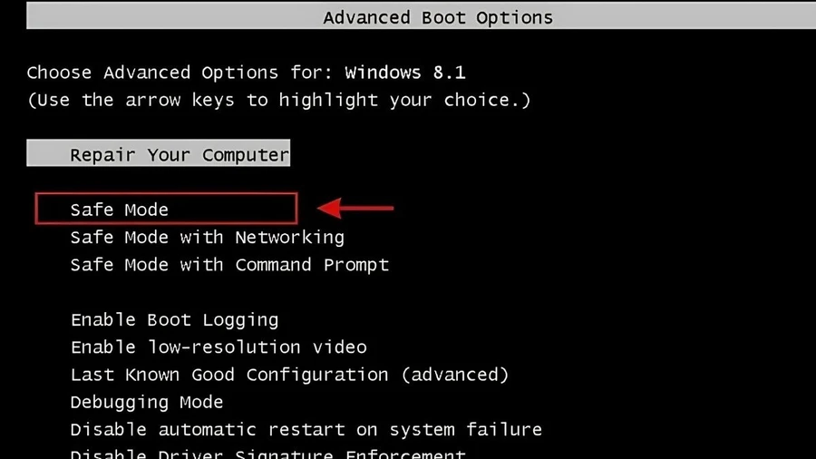 Trong menu Advanced Boot Options, chọn Safe Mode
