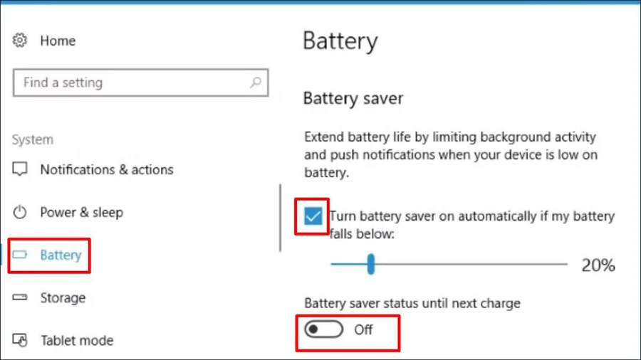 Bạn chọn chọn Battery và gạt công tắc sang On để bật chế độ tiết kiệm pin