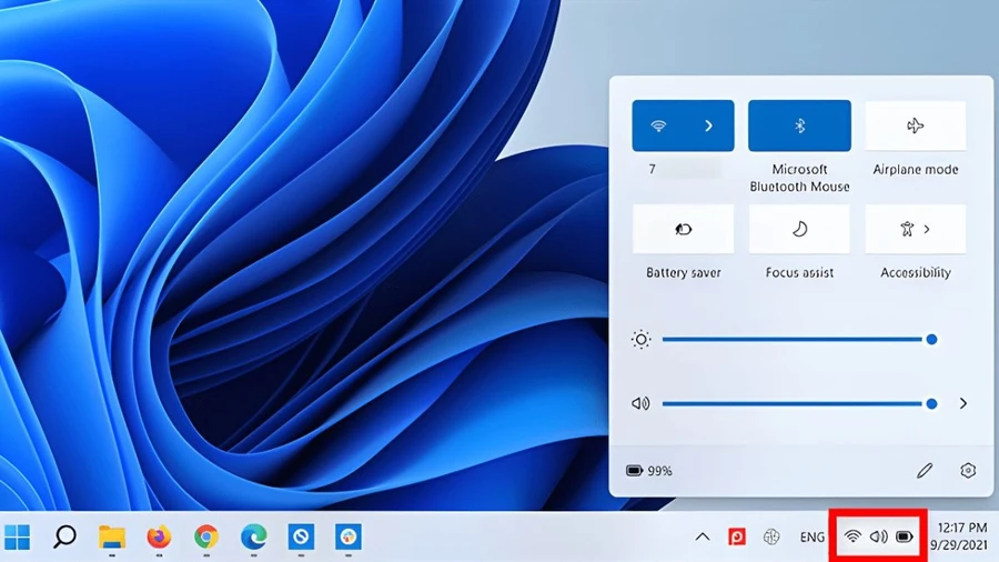Bạn nhấn chuột vào khu vực chứa các biểu tượng Wi-Fi, Loa, Pin để bật Menu Quick Settings