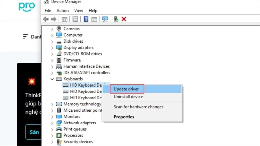 Nhấn phải chuột vào bàn phím của bạn và chọn Update driver
