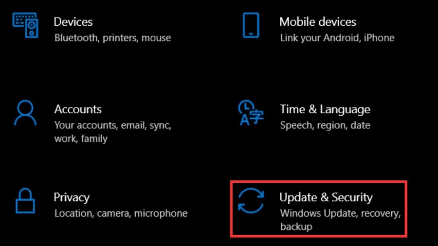 Chọn Update & Security.