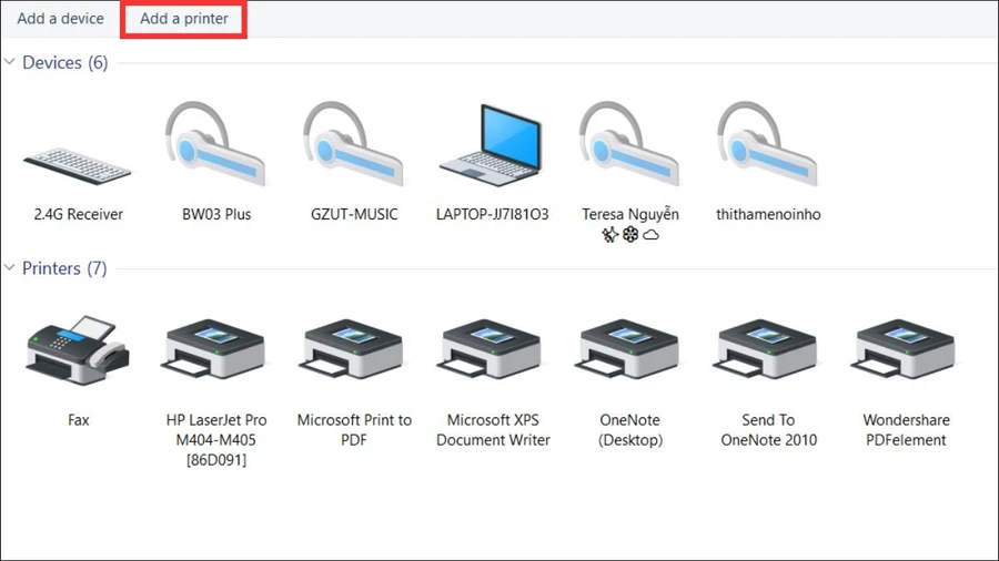 Chọn Add a printer để thêm máy in mới.