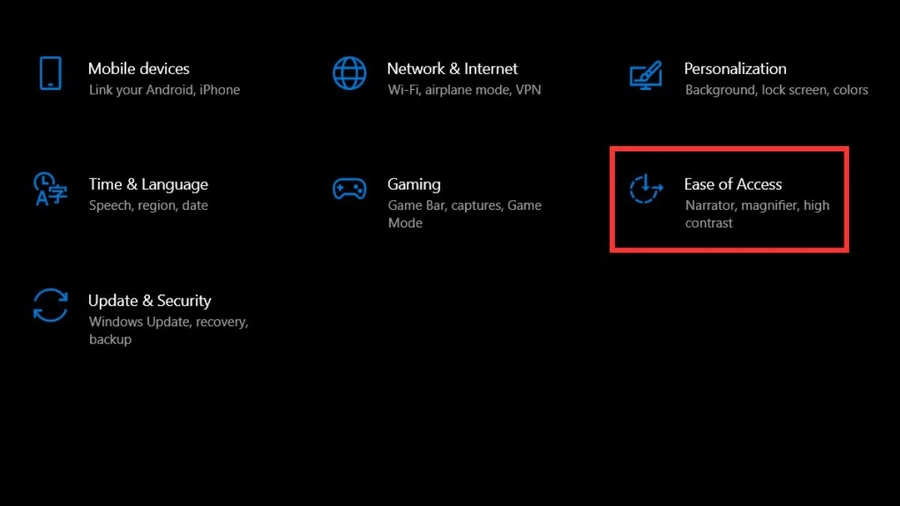 Mở Settings bằng cách tìm kiếm trong Start Menu sau đó chọn Ease of Access.