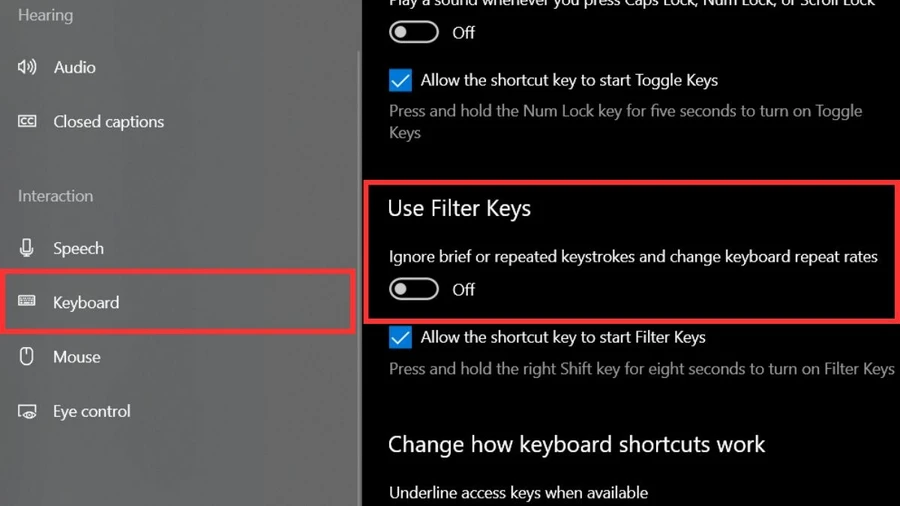 Trong menu bên trái, chọn Keyboard, sau đó tìm đến mục Filter Keys và chuyển trạng thái sang Off.