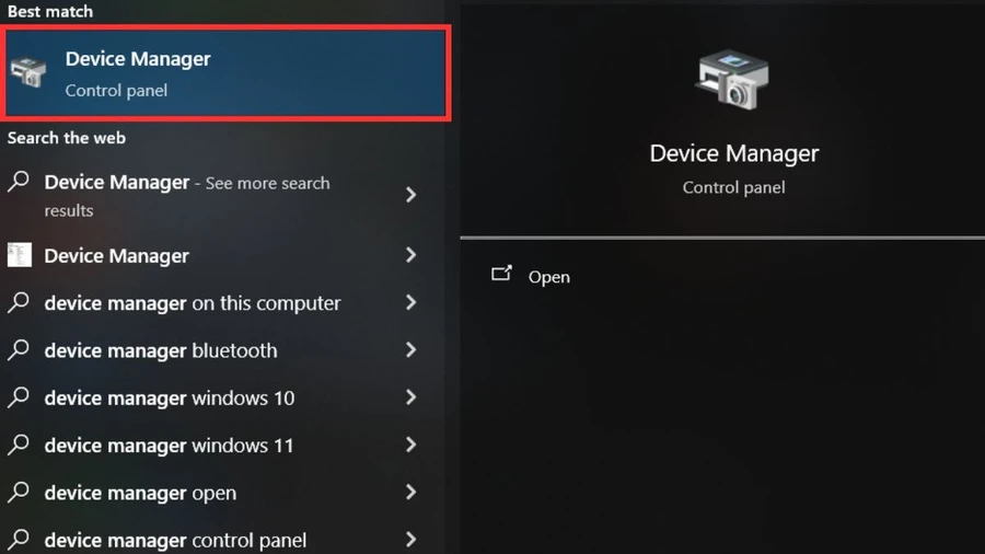Mở Device Manager bằng cách tìm kiếm trong Start Menu.