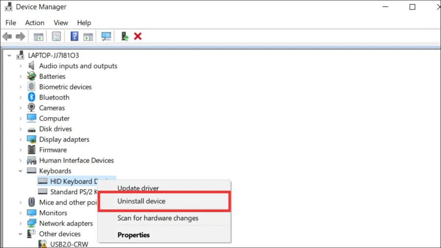 Nếu cập nhật driver không hiệu quả, bạn có thể chọn Uninstall device để gỡ cài đặt driver.