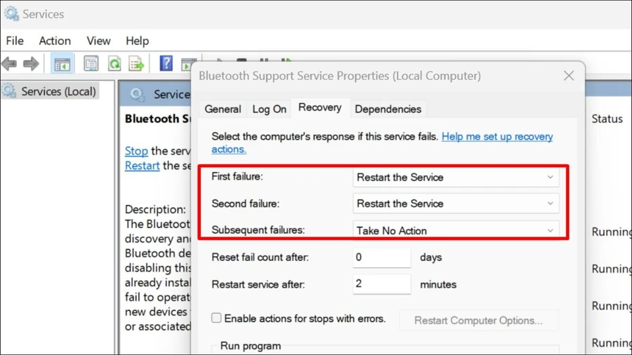 Tại tab Recovery, ở mục First failure, Second failure và Subsequent failures,