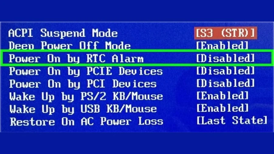 Tìm kiếm tùy chọn hẹn giờ, thường có tên là RTC Wake Up, Power On Alarm, RTC Alarm... 