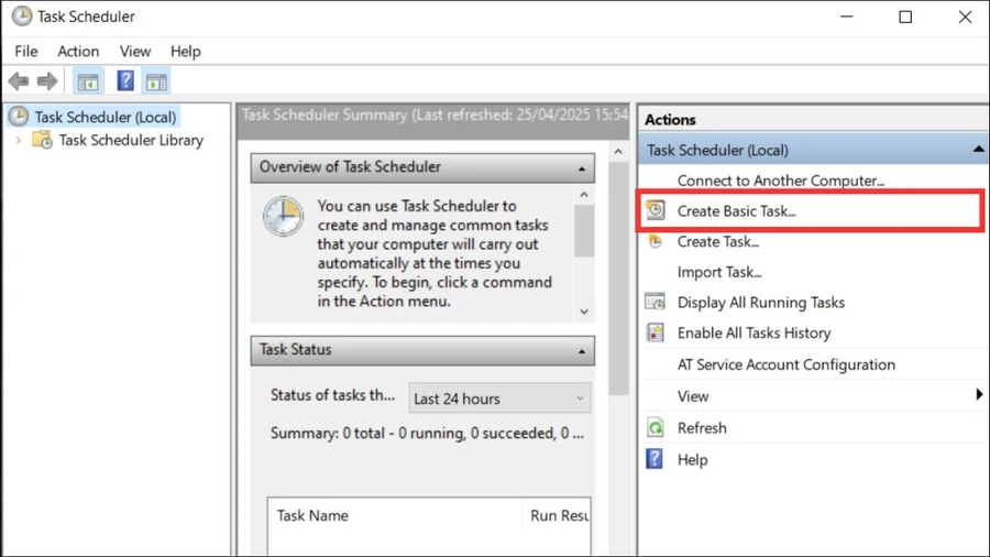 Tạo một scheduled task mới bằng cách chọn Create Basic Task hoặc Create Task.