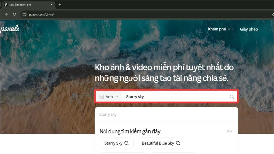 Đánh từ khóa vào ô tìm kiếm, ví dụ như Starry sky.